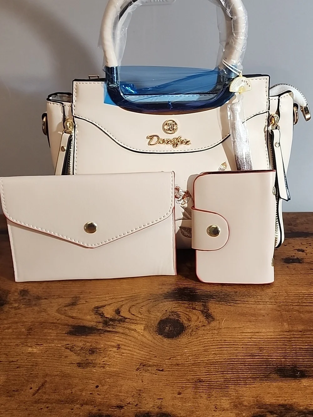 Beige Floral Embroidered 3pcs Set Women's Handbag With Elegant geometric Print,